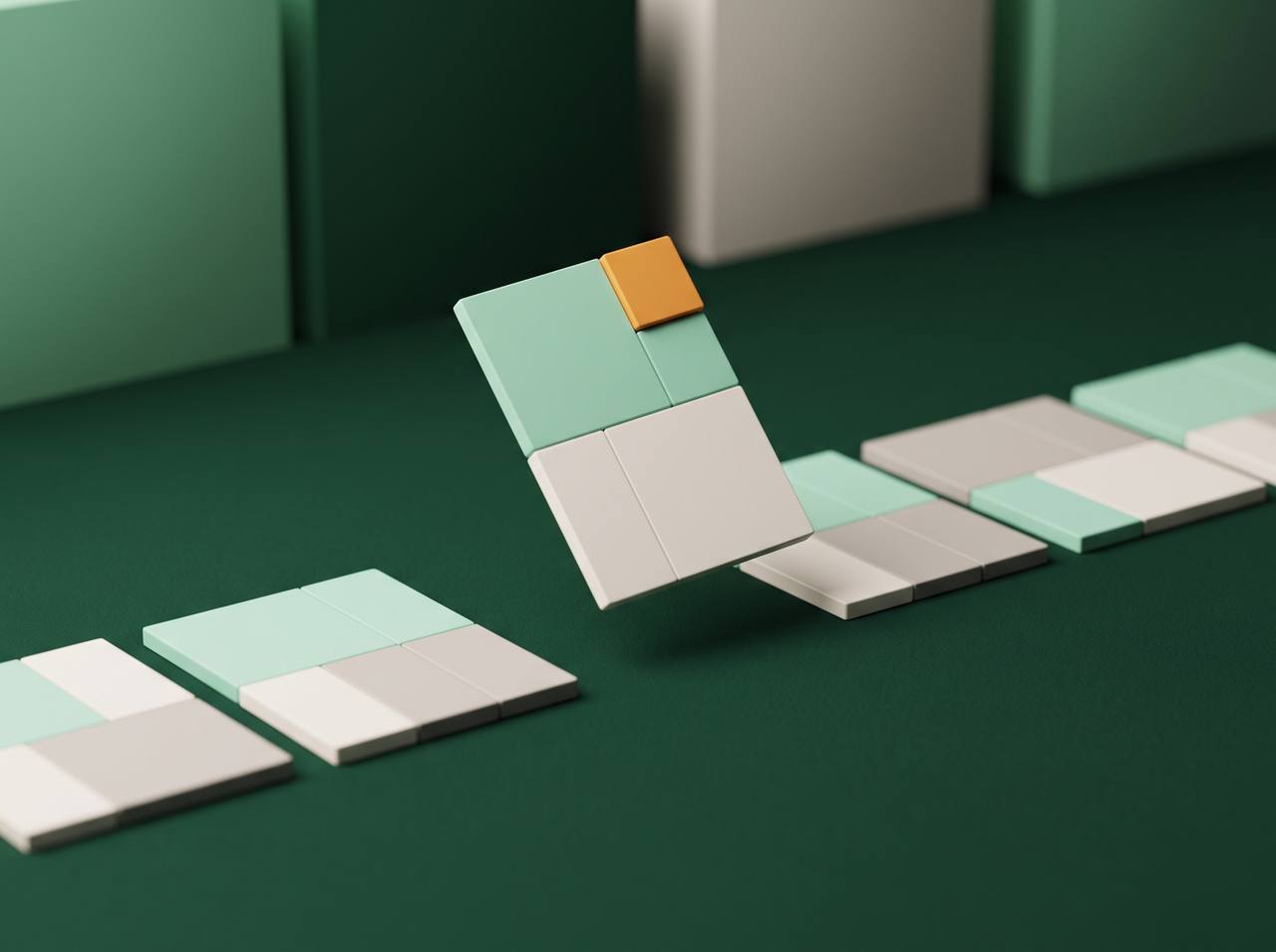 Stacked pixel-block cards with one rising above the rest