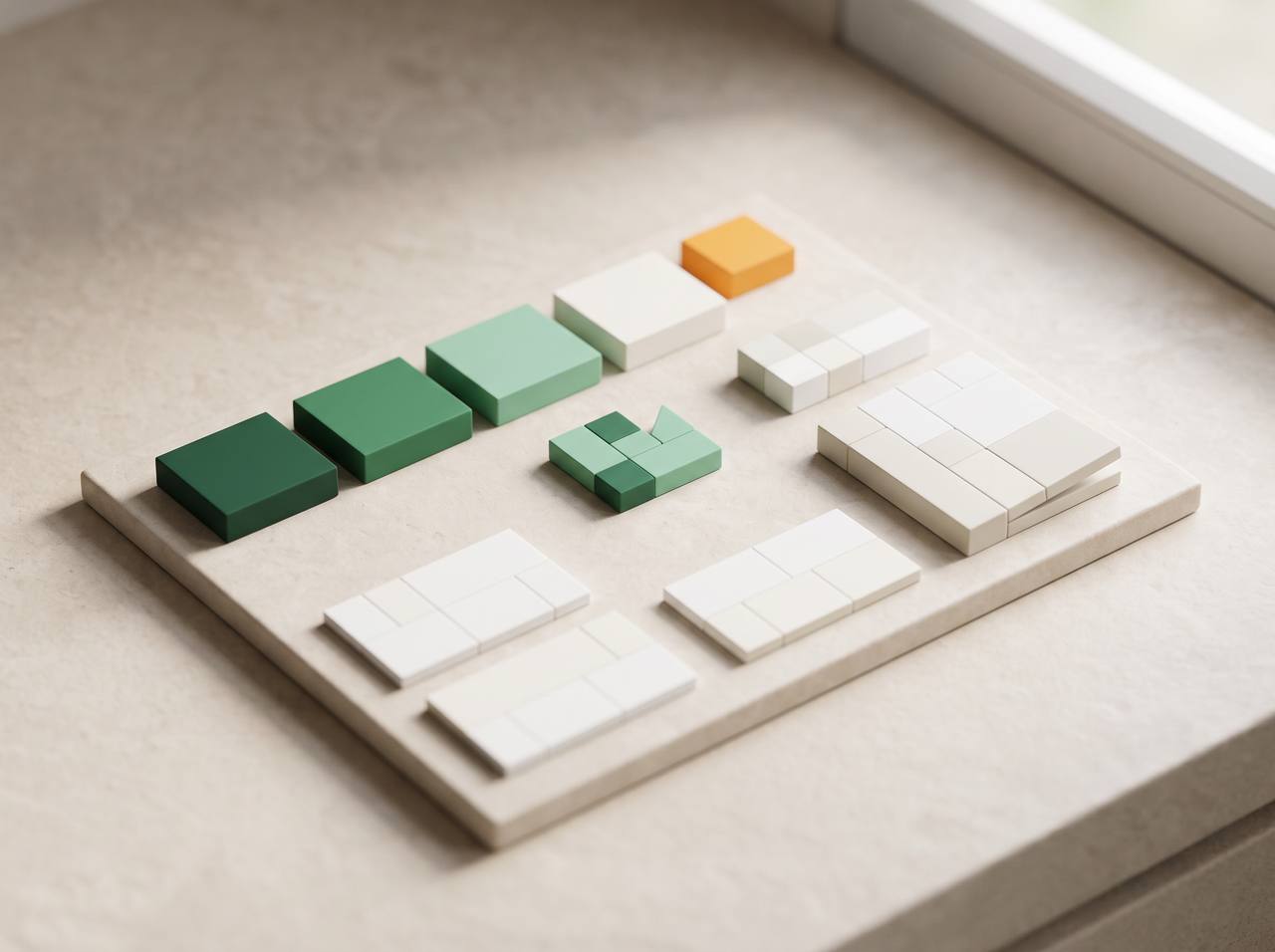 Pixel-block color swatches and a logo mark on a brand board