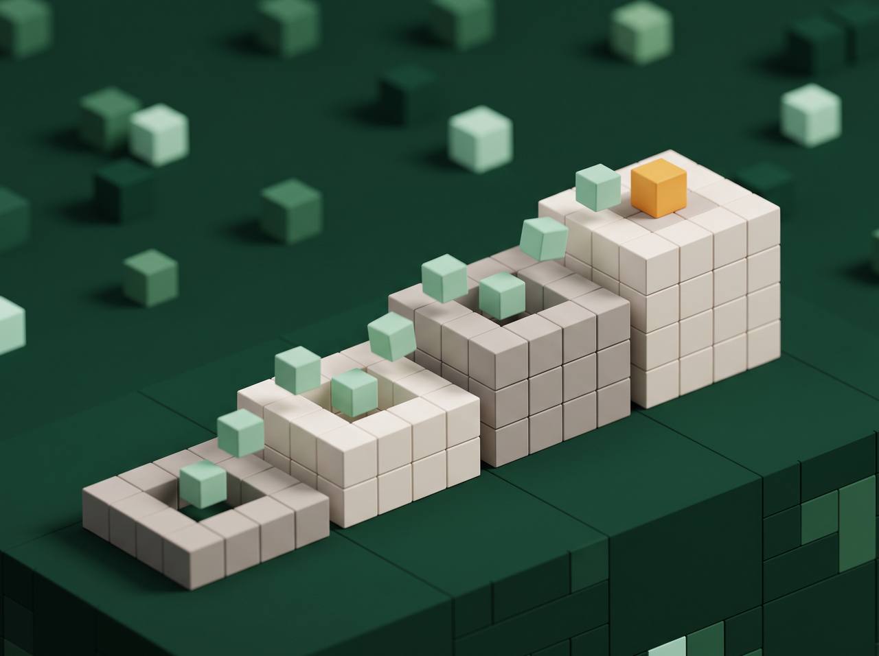 Four pixel-block stages stepping up, with an orange block on the last one