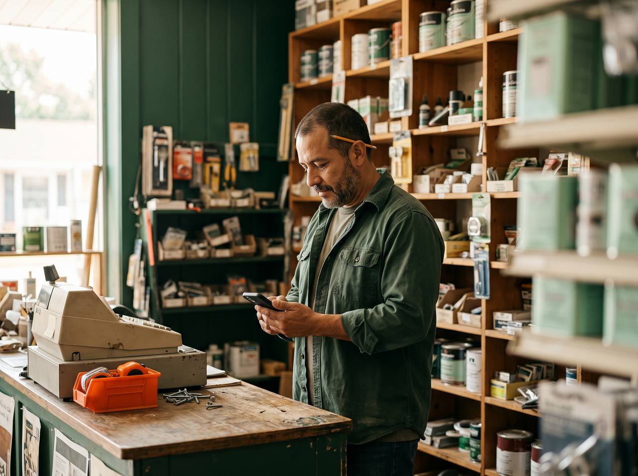 A business owner at the counter of a US hardware store