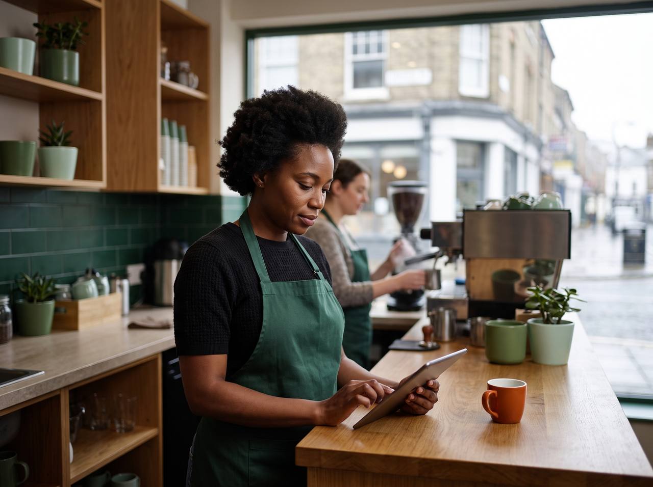 A café owner in a UK high street shop checking bookings on a tablet