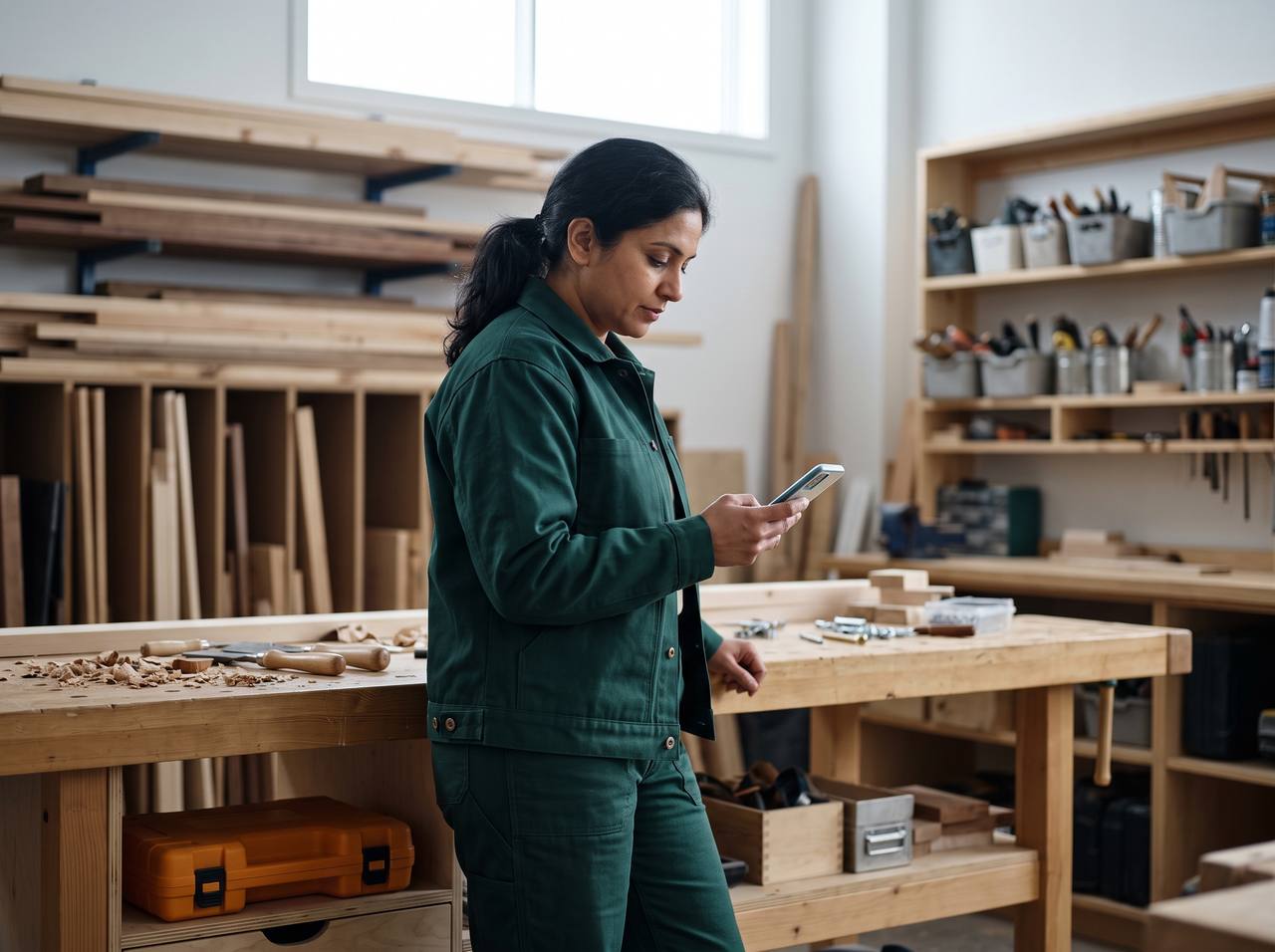 A contractor in a Canadian workshop reviewing a job on a phone