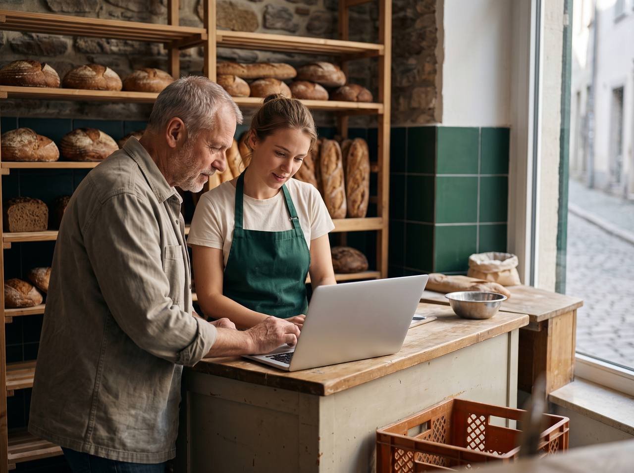 A small bakery team in a European town reviewing orders together